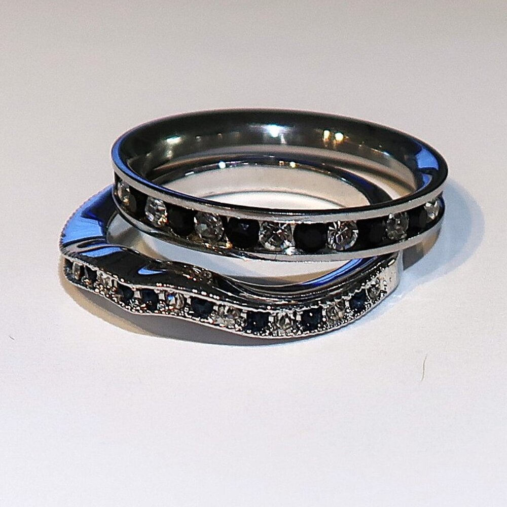 Silver and Black Tone Rings White Stones Sizes 7 and 7.75 Daily Wear Bundle Set